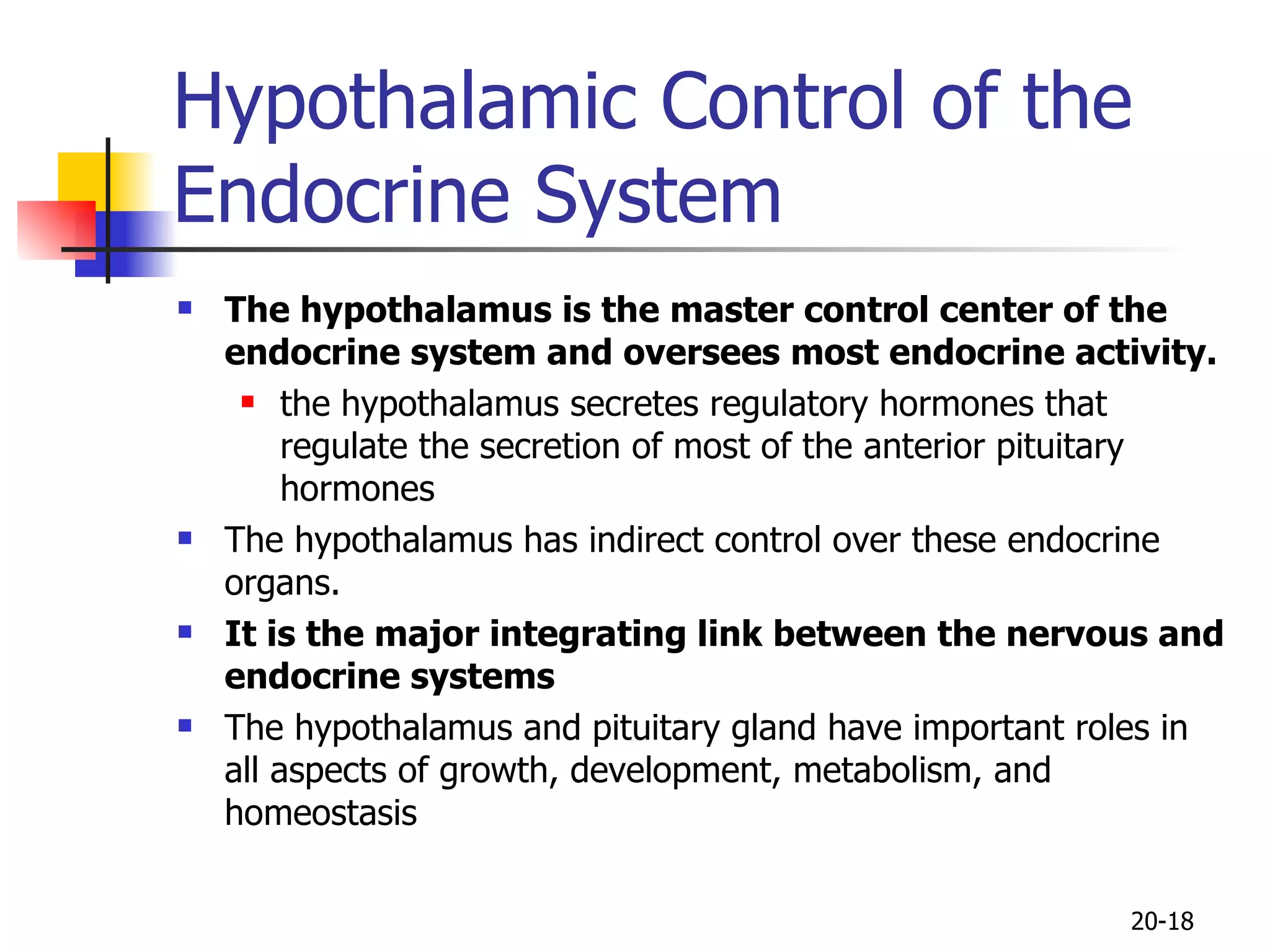 Hypothalamic Control of the Endocrine System The hypothalamus is the master control center of the endocrine system and oversees most endocrine activity. the hypothalamus secretes regulatory hormones that regulate the secretion of most of the anterior pituitary hormones The hypothalamus has indirect control over these endocrine organs. It is the major integrating link between the nervous and endocrine systems The hypothalamus and pituitary gland have important roles in all aspects of growth, development, metabolism, and homeostasis 20- 