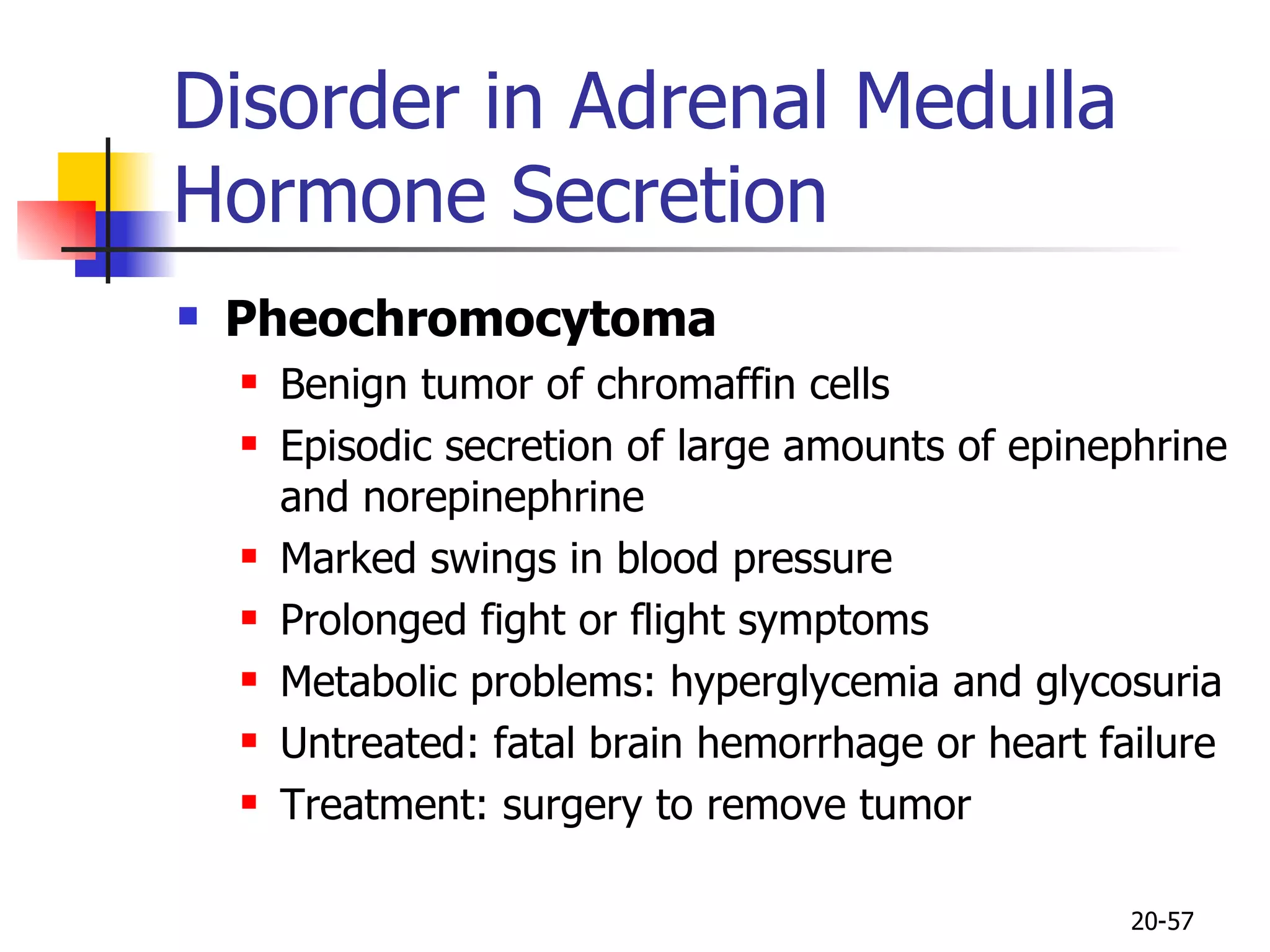 Disorder in Adrenal Medulla Hormone Secretion Pheochromocytoma Benign tumor of chromaffin cells Episodic secretion of large amounts of epinephrine and norepinephrine Marked swings in blood pressure Prolonged fight or flight symptoms Metabolic problems: hyperglycemia and glycosuria Untreated: fatal brain hemorrhage or heart failure Treatment: surgery to remove tumor  20- 
