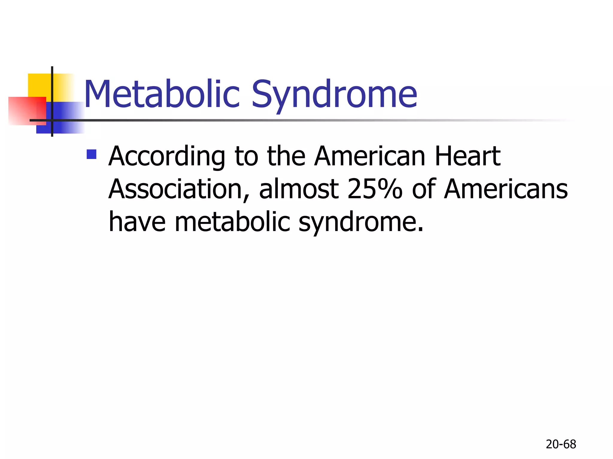 Metabolic Syndrome According to the American Heart  Association, almost 25% of Americans have metabolic syndrome. 20- 