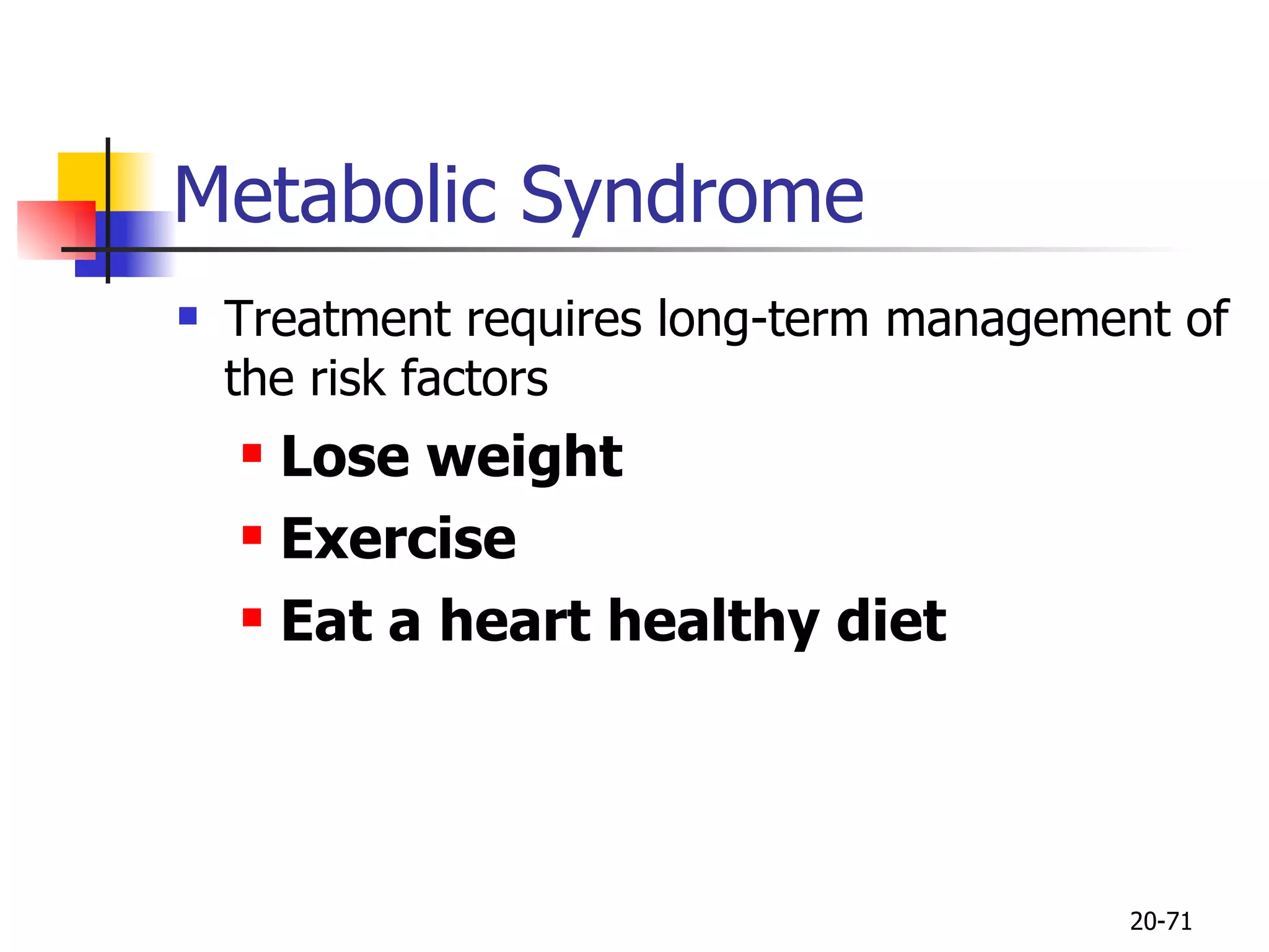 Metabolic Syndrome Treatment requires long-term management of the risk factors Lose weight Exercise Eat a heart healthy diet 20- 