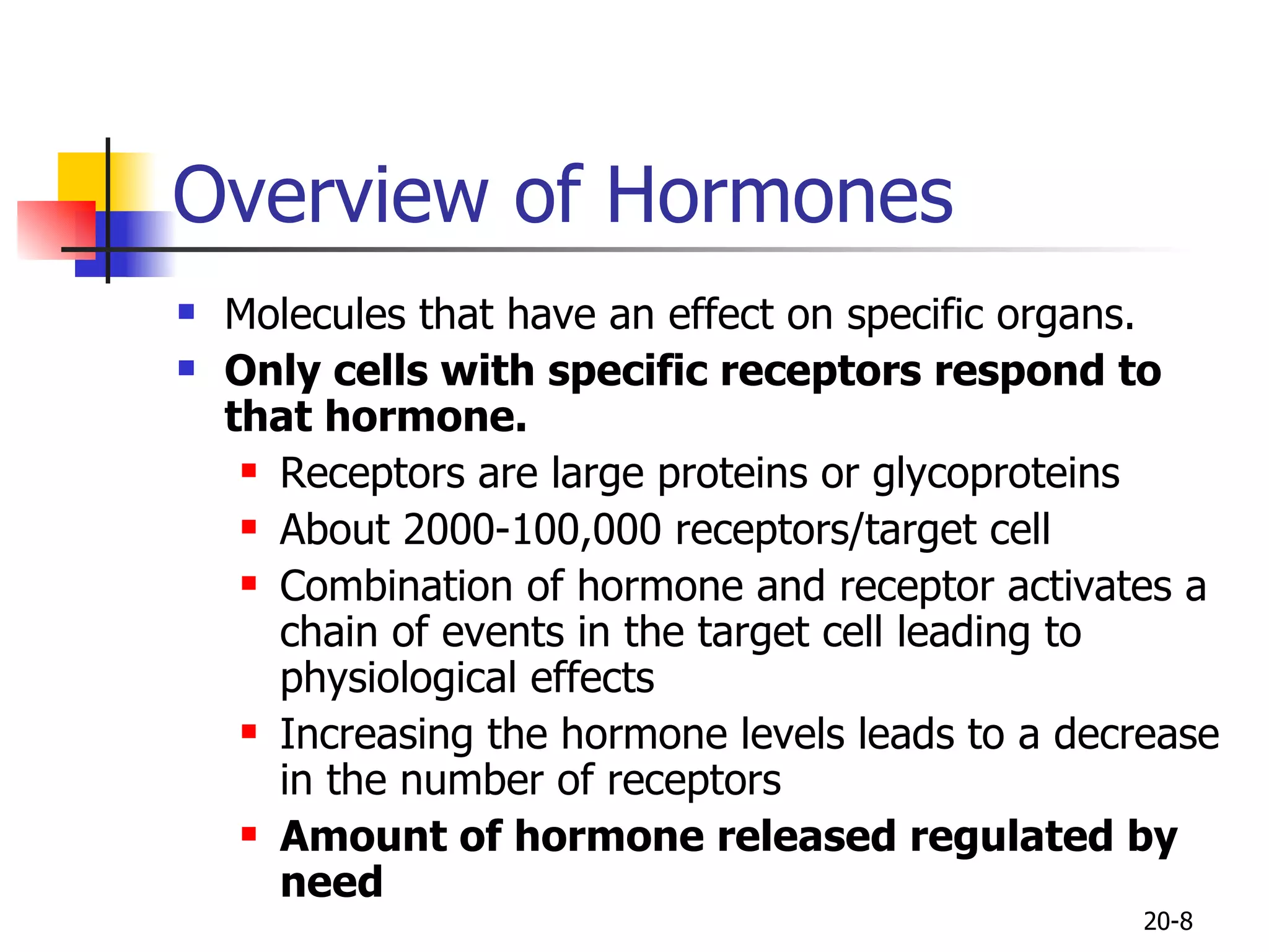 Overview of Hormones  Molecules that have an effect on specific organs.  Only cells with specific receptors respond to that hormone. Receptors are large proteins or glycoproteins  About 2000-100,000 receptors/target cell Combination of hormone and receptor activates a chain of events in the target cell leading to physiological effects Increasing the hormone levels leads to a decrease in the number of receptors Amount of hormone released regulated by need 20- 