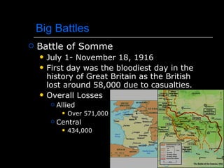 Big Battles Battle of Somme July 1- November 18, 1916 First day was the bloodiest day in the history of Great Britain as the British lost around 58,000 due to casualties. Overall Losses Allied Over 571,000 Central 434,000 