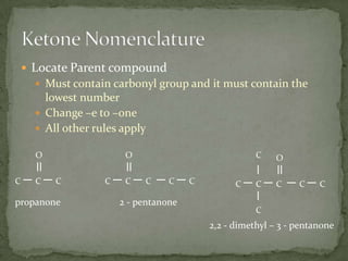 Locate Parent compoundMust contain carbonyl group and it must contain the lowest numberChange –e to –oneAll other rules applyKetone NomenclatureOOCOCCCCCCCCCCCCCpropanone2 - pentanoneC2,2 - dimethyl – 3 - pentanone