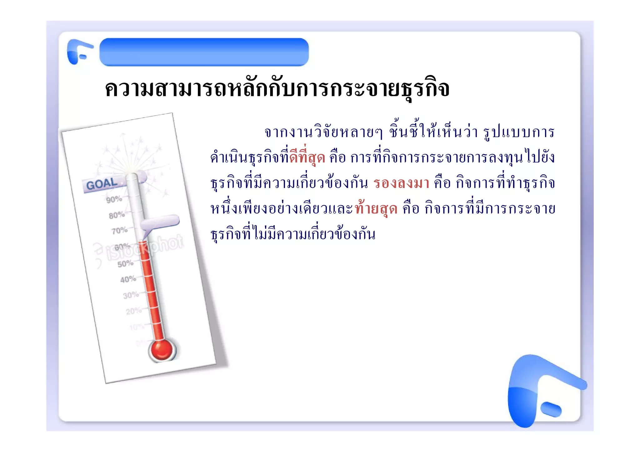 ความสามารถหลักกับการกระจายธุรกิจ
                    จากงานวิ จั ย หลายๆ ชิ้ น ชี้ ใ ห เ ห็ น ว า รู ป แบบการ
         ดําเนินธุรกิจที่ดีที่สุด คือ การที่กิจการกระจายการลงทุนไปยัง
         ธุรกิจที่มีความเกี่ยวของกัน รองลงมา คือ กิจการที่ทําธุรกิจ
         หนึ่งเพี ยงอยา งเดีย วและท ายสุด คือ กิ จการที่ มีการกระจาย
         ธุรกิจที่ไมมีความเกี่ยวของกัน
 