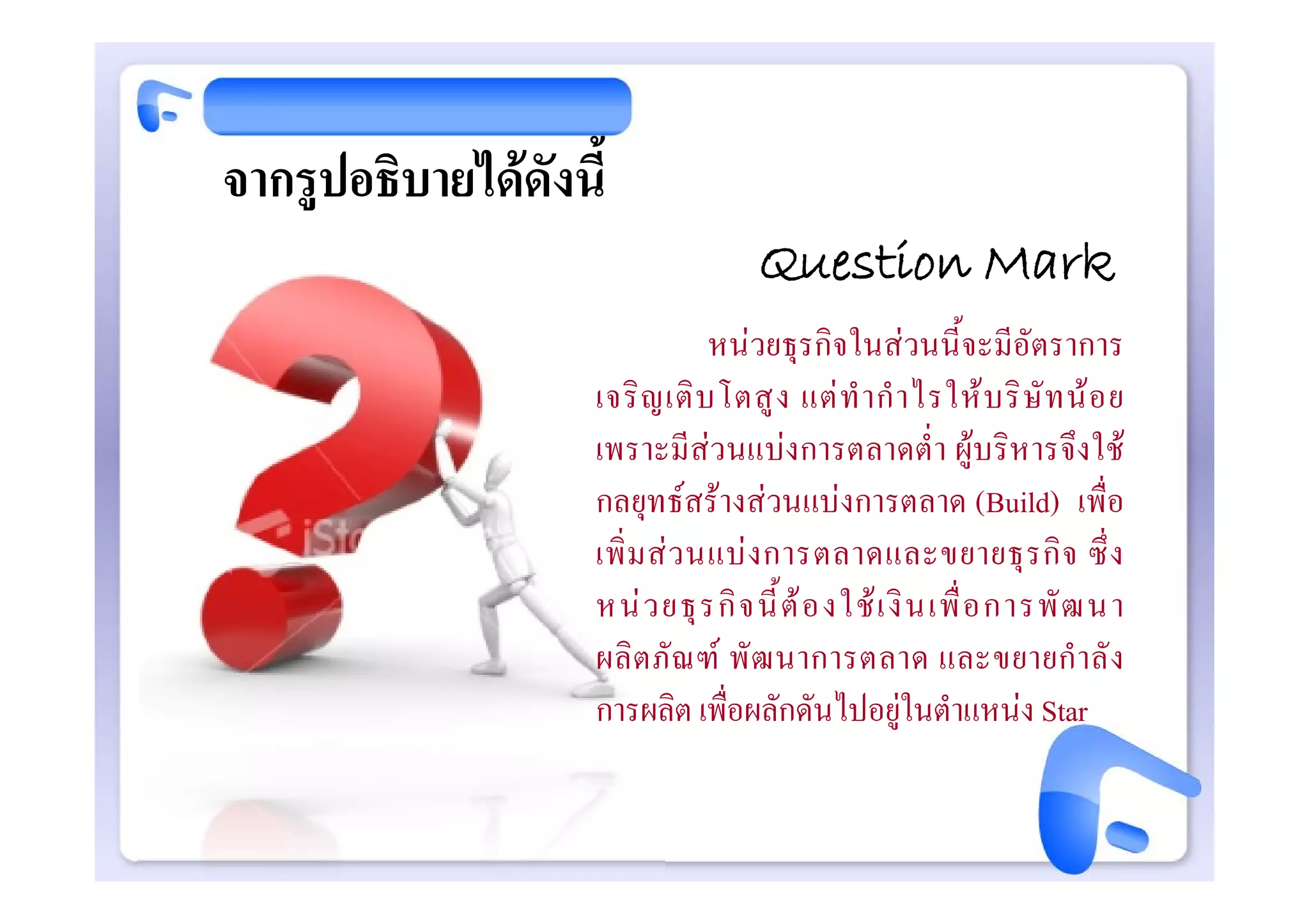 จากรูปอธิบายไดดังนี้
                                         Question Mark
                                     หนวยธุรกิจในสวนนี้จะมีอัตราการ
                        เจริ ญ เติ บ โตสู ง แต ทํ า กํ า ไรให บ ริ ษั ท น อ ย
                        เพราะมีสวนแบงการตลาดต่ํา ผูบริหารจึงใช
                        กลยุทธสรางสวนแบงการตลาด (Build) เพื่อ
                        เพิ่ ม ส ว นแบ ง การตลาดและขยายธุ ร กิ จ ซึ่ ง
?                       หน ว ยธุ ร กิ จ นี้ ต อ งใช เ งิ น เพื่ อ การพั ฒ นา
                        ผลิ ต ภั ณฑ พั ฒ นาการตลาด และขยายกํ า ลั ง
                        การผลิต เพื่อผลักดันไปอยูในตําแหนง Star
 