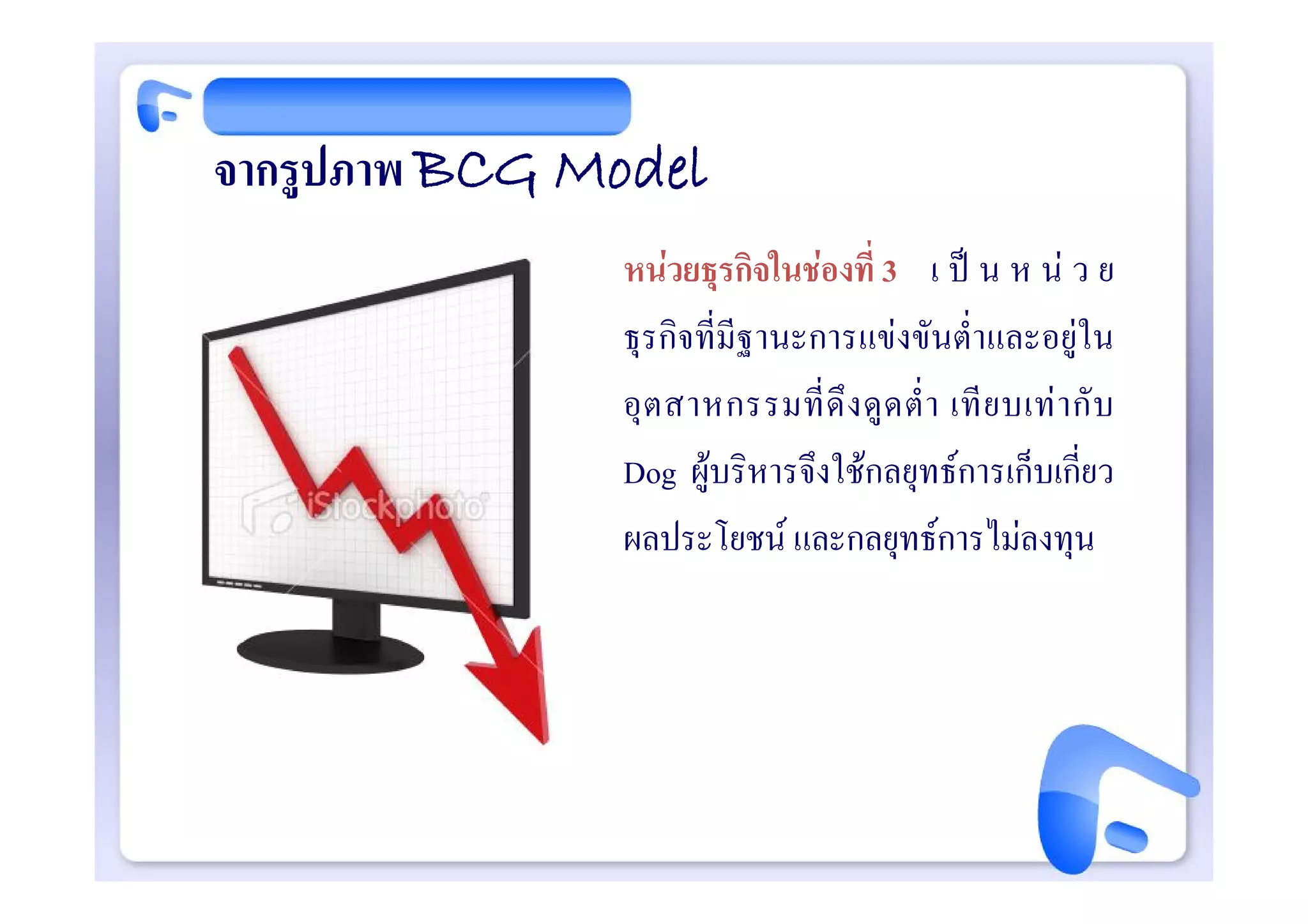 จากรูปภาพ BCG Model
               หนวยธุรกิจในชองที่ 3 เ ป น ห น ว ย
               ธุรกิจที่มีฐานะการแขงขันต่ําและอยูใน
               อุ ต สาหกรรมที่ ดึ ง ดู ด ต่ํ า เที ย บเท า กั บ
               Dog ผูบริหารจึงใชกลยุทธการเก็บเกี่ยว
               ผลประโยชน และกลยุทธการไมลงทุน
 