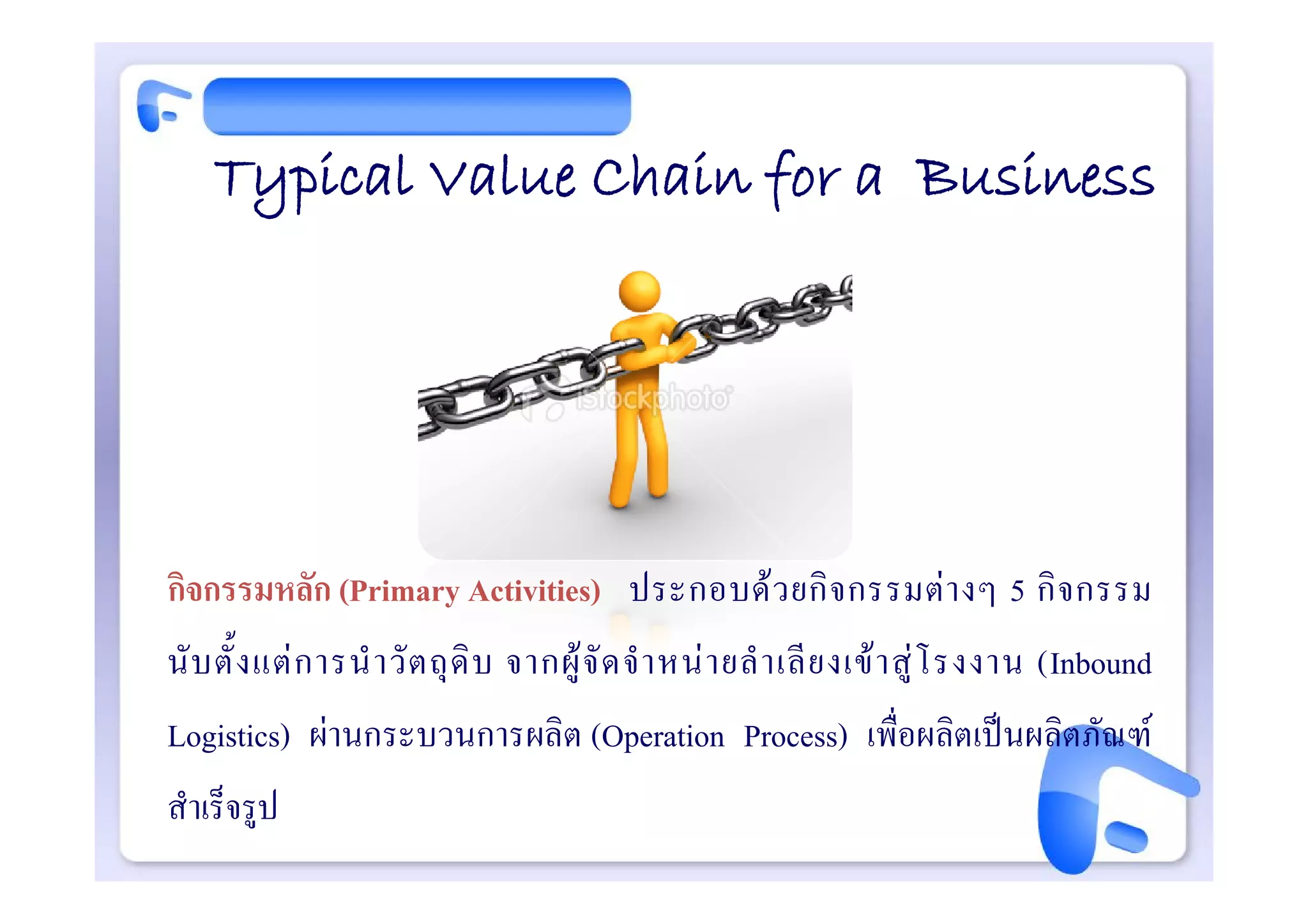 Typical Value Chain for a Business




กิจกรรมหลัก (Primary Activities) ประกอบด ว ยกิ จ กรรมต า งๆ 5 กิ จ กรรม
นั บ ตั้ ง แต ก ารนํ า วั ต ถุ ดิ บ จากผู จั ด จํ า หน า ยลํ า เลี ย งเข า สู โ รงงาน (Inbound
Logistics) ผานกระบวนการผลิต (Operation Process) เพื่อผลิตเปนผลิตภัณฑ
สําเร็จรูป
 