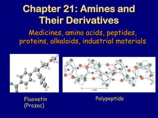 Chapter 21: Amines and
Their Derivatives
Medicines, amino acids, peptides,
proteins, alkaloids, industrial materials
Fluoxetin
(Prozac)
O
F
F
F
Polypeptide
 