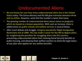 Undocumented Aliens
• No one knows for sure how many undocumented aliens live in the United
States today. The Census Bureau and the INS give estimates between three
and six million. However, some feel the number is twice that many.
• The growing number of undocumented aliens places stress on programs
which are based on a known population. With such an increase, there is
added stress on public schools and welfare services in several States.
• After much debate and struggle, Congress passed the Illegal Immigration
Restrictions Act of 1996. This law made it easier for the INS to deport aliens
by toughening the penalties for smuggling aliens into this country,
preventing undocumented aliens from claiming Social Security benefits or
public housing, and allowing State welfare workers to check the legal status
of any alien who applies for any welfare benefits.
Chapter 21, Section 4Chapter 21, Section 4
22 3311
 
