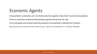 Economic Agents
A household is a domestic unit of a family who live together share their income & consumption.
A firm is a business enterprise that produces goods and services for sale.
Firms sell goods and services that they produce to households in Markets for Products.
Businesses buy resources they need to use—factors of production—in Factor Markets.
PROF JEAN-PIERRE MULUMBA 11
 