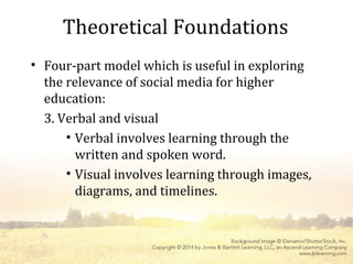 Theoretical Foundations
• Four-part model which is useful in exploring
the relevance of social media for higher
education:
3. Verbal and visual
• Verbal involves learning through the
written and spoken word.
• Visual involves learning through images,
diagrams, and timelines.
 