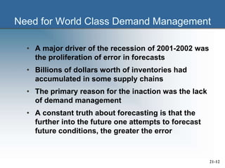 Need for World Class Demand Management
• A major driver of the recession of 2001-2002 was
the proliferation of error in forecasts
• Billions of dollars worth of inventories had
accumulated in some supply chains
• The primary reason for the inaction was the lack
of demand management
• A constant truth about forecasting is that the
further into the future one attempts to forecast
future conditions, the greater the error
21-12
 