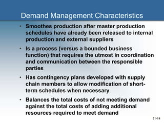 Demand Management Characteristics
• Smoothes production after master production
schedules have already been released to internal
production and external suppliers
• Is a process (versus a bounded business
function) that requires the utmost in coordination
and communication between the responsible
parties
• Has contingency plans developed with supply
chain members to allow modification of short-
term schedules when necessary
• Balances the total costs of not meeting demand
against the total costs of adding additional
resources required to meet demand
21-14
 