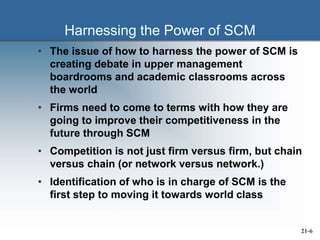 Harnessing the Power of SCM
• The issue of how to harness the power of SCM is
creating debate in upper management
boardrooms and academic classrooms across
the world
• Firms need to come to terms with how they are
going to improve their competitiveness in the
future through SCM
• Competition is not just firm versus firm, but chain
versus chain (or network versus network.)
• Identification of who is in charge of SCM is the
first step to moving it towards world class
21-6
 
