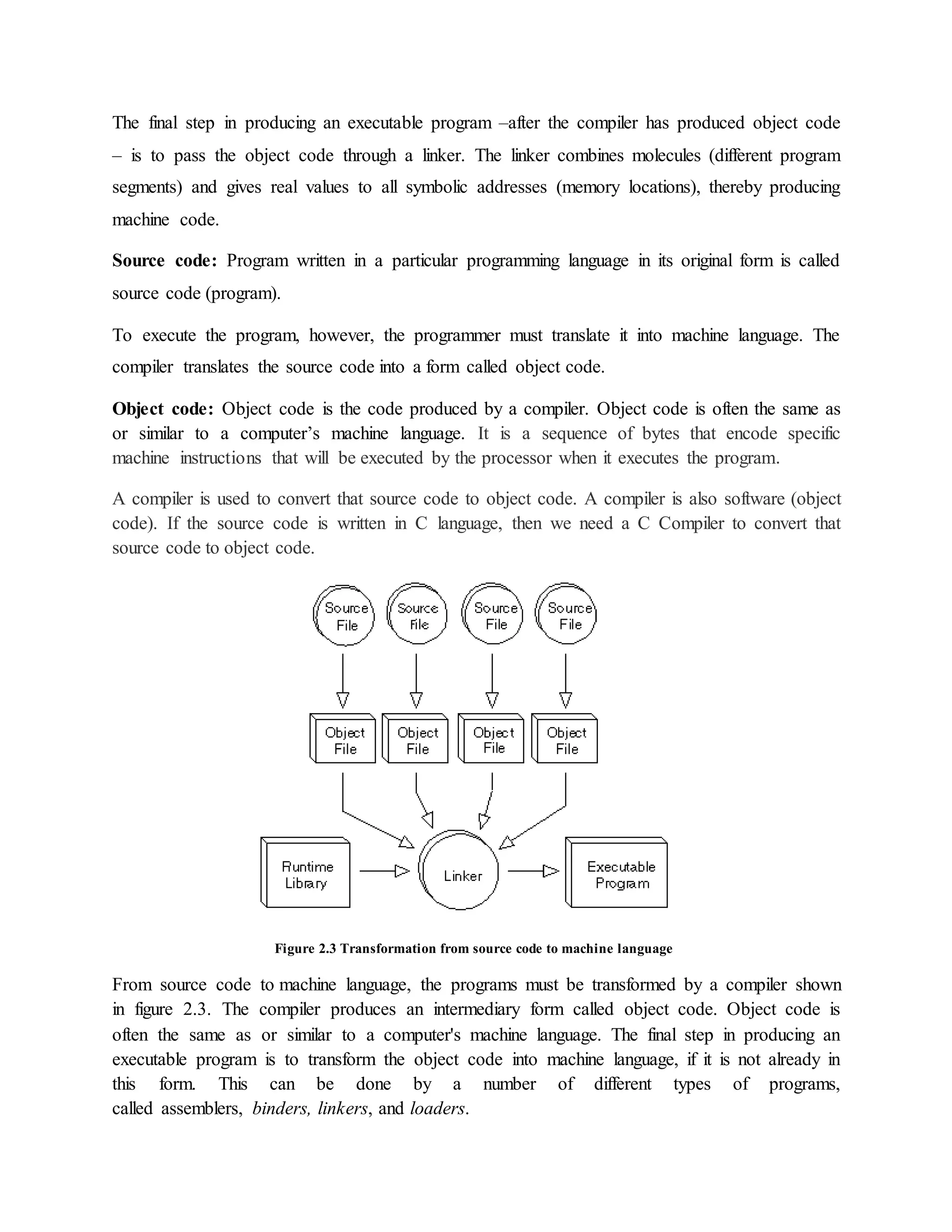 The final step in producing an executable program –after the compiler has produced object code
– is to pass the object code through a linker. The linker combines molecules (different program
segments) and gives real values to all symbolic addresses (memory locations), thereby producing
machine code.
Source code: Program written in a particular programming language in its original form is called
source code (program).
To execute the program, however, the programmer must translate it into machine language. The
compiler translates the source code into a form called object code.
Object code: Object code is the code produced by a compiler. Object code is often the same as
or similar to a computer’s machine language. It is a sequence of bytes that encode specific
machine instructions that will be executed by the processor when it executes the program.
A compiler is used to convert that source code to object code. A compiler is also software (object
code). If the source code is written in C language, then we need a C Compiler to convert that
source code to object code.
Figure 2.3 Transformation from source code to machine language
From source code to machine language, the programs must be transformed by a compiler shown
in figure 2.3. The compiler produces an intermediary form called object code. Object code is
often the same as or similar to a computer's machine language. The final step in producing an
executable program is to transform the object code into machine language, if it is not already in
this form. This can be done by a number of different types of programs,
called assemblers, binders, linkers, and loaders.
 