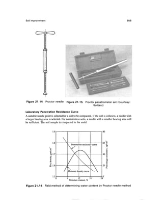 Soil Improvement 969
T
Figure 21.14 Proctor needle Figure 21.15 Proctor penetrometer set (Courtesy:
Soiltest)
Laboratory Penetration Resistance Curve
A suitable needle point is selected for a soil to be compacted. If the soil is cohesive, a needle with
a larger bearing area is selected. For cohesionless soils, a needle with a smaller bearing area will
be sufficient. The soil sample is compacted in the mold.
OO
ao 1.
&i.
1.5

/
 Penetrat
_
r

Moisture de
ion resistanc
~N
V 
nsity curve
e curve

A
3 6 12 18 2
""^O
to
-P^
Os
0
O
O
O
C
Percentage
resistance,
kg/cm
2
Moisture content. %
Figure 21.16 Field method of determining water content by Proctor needle method
 