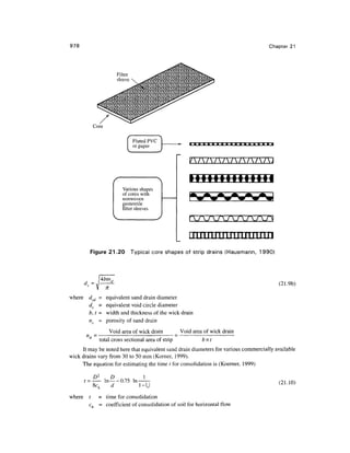 978 Chapter 21
Filter
sleeve
Core
Fluted PVC
or paper
Various shapes
of cores with
nonwoven
geotextile
filter sleeves
V////////7l
• IHIIIUM+M
iinrmnnnrmnji
Figure 21.20 Typical core shapes of strip drains (Hausmann, 1990)
d.. = (21.9b)
where dsd = equivalent sand drain diameter
dv = equivalent void circle diameter
b,t = width and thickness of the wick drain
ns - porosity of sand drain
Void area of wick drain Void area of wick drain
- -
total cross sectional area of strip b x t
It may be noted here that equivalentsand drain diameters for various commercially available
wick drains vary from 30 to 50 mm (Korner, 1999).
The equation for estimating the time t for consolidation is (Koerner,1999)
8c, 1-U
(21.10)
where t = time for consolidation
ch = coefficient of consolidation of soil for horizontal flow
 