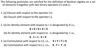 The following postulates are satisfied for the definition of Boolean algebra on a set
of elements S together with two binary operators (+) and (.)
1. (a) Closure with respect to the operator (+).
(b) Closure with respect to the operator (.).
2. (a) An identity element with respect to + is designated by 0 i.e.,
X + 0 = 0 + X = X
(b) An identity element with respect to . is designated by 1 i.e.,
X . 1 = 1 . X = X
3. (a) Commutative with respect to (+), i.e., X + Y = Y + X
(b) Commutative with respect to (.), i.e., X . Y = Y . X
 