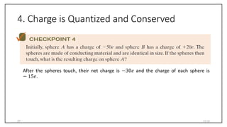 4. Charge is Quantized and Conserved
After the spheres touch, their net charge is −30𝑒 and the charge of each sphere is
− ...