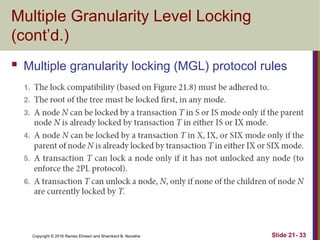 Copyright © 2016 Ramez Elmasri and Shamkant B. Navathe
Multiple Granularity Level Locking
(cont’d.)
 Multiple granularity locking (MGL) protocol rules
Slide 21- 33
 