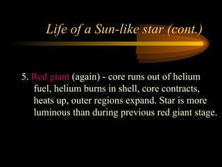 Life of a Sun-like star (cont.)
5. Red giant (again) - core runs out of helium
fuel, helium burns in shell, core contracts,
heats up, outer regions expand. Star is more
luminous than during previous red giant stage.
 