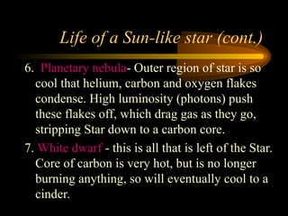 Life of a Sun-like star (cont.)
6. Planetary nebula- Outer region of star is so
cool that helium, carbon and oxygen flakes
condense. High luminosity (photons) push
these flakes off, which drag gas as they go,
stripping Star down to a carbon core.
7. White dwarf - this is all that is left of the Star.
Core of carbon is very hot, but is no longer
burning anything, so will eventually cool to a
cinder.
 