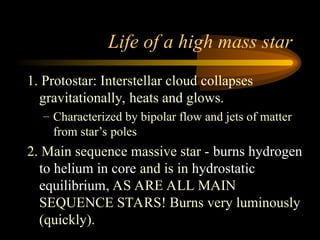 Life of a high mass star
1. Protostar: Interstellar cloud collapses
gravitationally, heats and glows.
– Characterized by bipolar flow and jets of matter
from star’s poles
2. Main sequence massive star - burns hydrogen
to helium in core and is in hydrostatic
equilibrium, AS ARE ALL MAIN
SEQUENCE STARS! Burns very luminously
(quickly).
 