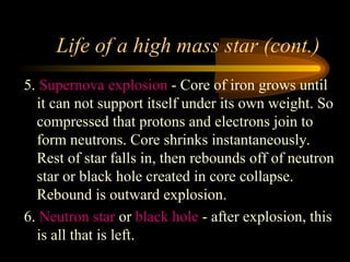 Life of a high mass star (cont.)
5. Supernova explosion - Core of iron grows until
it can not support itself under its own weight. So
compressed that protons and electrons join to
form neutrons. Core shrinks instantaneously.
Rest of star falls in, then rebounds off of neutron
star or black hole created in core collapse.
Rebound is outward explosion.
6. Neutron star or black hole - after explosion, this
is all that is left.
 