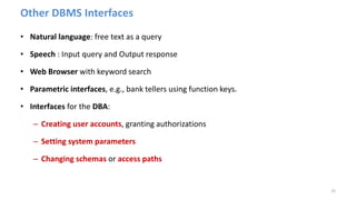 Other DBMS Interfaces
• Natural language: free text as a query
• Speech : Input query and Output response
• Web Browser with keyword search
• Parametric interfaces, e.g., bank tellers using function keys.
• Interfaces for the DBA:
– Creating user accounts, granting authorizations
– Setting system parameters
– Changing schemas or access paths
25
 