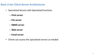 Basic 2-tier Client-Server Architectures
• Specialized Servers with Specialized functions
– Print server
– File server
– DBMS server
– Web server
– Email server
• Clients can access the specialized servers as needed
28
 