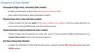 Categories of Data Models
Conceptual (high-level, semantic) data models:
– Provide concepts that are close to the way many users perceive data.
– (Also called entity-based or object-based data models.)
Physical (low-level, internal) data models:
– Provide concepts that describe details of how data is stored in the computer. These are usually specified in an
ad-hoc manner through DBMS design and administration manuals
Implementation (representational) data models:
– Provide concepts that fall between the above two, used by many commercial DBMS implementations (e.g.
relational data models used in many commercial systems).
Self-Describing Data Models:
– Combine the description of data with the data values. Examples include XML, key-value stores and some
NOSQL systems.
5
 