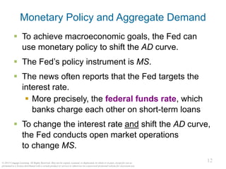 12
© 2015 Cengage Learning. All Rights Reserved. May not be copied, scanned, or duplicated, in whole or in part, except for use as
permitted in a license distributed with a certain product or service or otherwise on a password-protected website for classroom use.
Monetary Policy and Aggregate Demand
▪ To achieve macroeconomic goals, the Fed can
use monetary policy to shift the AD curve.
▪ The Fed’s policy instrument is MS.
▪ The news often reports that the Fed targets the
interest rate.
▪ More precisely, the federal funds rate, which
banks charge each other on short-term loans
▪ To change the interest rate and shift the AD curve,
the Fed conducts open market operations
to change MS.
 