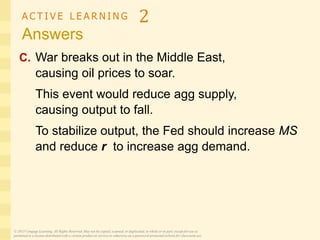 A C T I V E L E A R N I N G 2
Answers
C. War breaks out in the Middle East,
causing oil prices to soar.
This event would reduce agg supply,
causing output to fall.
To stabilize output, the Fed should increase MS
and reduce r to increase agg demand.
© 2015 Cengage Learning. All Rights Reserved. May not be copied, scanned, or duplicated, in whole or in part, except for use as
permitted in a license distributed with a certain product or service or otherwise on a password-protected website for classroom use.
 