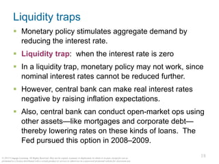 18
© 2015 Cengage Learning. All Rights Reserved. May not be copied, scanned, or duplicated, in whole or in part, except for use as
permitted in a license distributed with a certain product or service or otherwise on a password-protected website for classroom use.
Liquidity traps
▪ Monetary policy stimulates aggregate demand by
reducing the interest rate.
▪ Liquidity trap: when the interest rate is zero
▪ In a liquidity trap, monetary policy may not work, since
nominal interest rates cannot be reduced further.
▪ However, central bank can make real interest rates
negative by raising inflation expectations.
▪ Also, central bank can conduct open-market ops using
other assets—like mortgages and corporate debt—
thereby lowering rates on these kinds of loans. The
Fed pursued this option in 2008–2009.
 