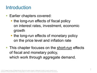 2
© 2015 Cengage Learning. All Rights Reserved. May not be copied, scanned, or duplicated, in whole or in part, except for use as
permitted in a license distributed with a certain product or service or otherwise on a password-protected website for classroom use.
Introduction
▪ Earlier chapters covered:
▪ the long-run effects of fiscal policy
on interest rates, investment, economic
growth
▪ the long-run effects of monetary policy
on the price level and inflation rate
▪ This chapter focuses on the short-run effects
of fiscal and monetary policy,
which work through aggregate demand.
 