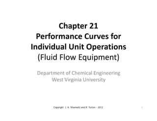 Chapter 21 
Performance Curves for
Performance Curves for 
Individual Unit Operations
(Fluid Flow Equipment)
Department of Chemical Engineering
West Virginia University
Copyright J. A. Shaeiwitz and R. Turton - 2012 1
 
