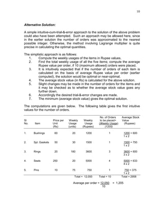 10
Alternative Solution:
A simple intuitive-cum-trial-&-error approach to the solution of the above problem
could also have been attempted. Such an approach may be allowed here, since
in the earlier solution the number of orders was approximated to the nearest
possible integer. Otherwise, the method involving Lagrange multiplier is quite
precise in calculating the optimal quantities.
The simplistic approach is as follows:
1. Compute the weekly usages of the items in Rupee values.
2. Find the total weekly usage of all the five items; compute the average
Rupee value per order, if 10 (maximum allowed) orders were placed.
3. It is intuitively expected that if the number of orders of each item is
calculated on the basis of average Rupee value per order (earlier
computed), the solution would be optimal or near-optimal.
4. The average stock value (in Rs) is calculated for the above solution.
5. Slight changes may be made in the number of orders for the items and
it may be checked as to whether the average stock value goes any
further down.
6. Accordingly the desired trial-&-error changes are made.
7. The minimum (average stock value) gives the optimal solution.
The computations are given below. The following table gives the first intuitive
values for the number of orders.
No. of Orders Average Stock
Sl Price per Weekly Weekly to be placed= Value
No. Item Unit Usage Usage (Weekly Usage) (Rupees)
(Rs) (units) (Rupees) (1205)
1. Bushings 60 20 1200 1 1200 = 600
1 x 2
2. Spl. Gaskets 50 30 1500 1 1500 = 750
1 x 2
3. Rings 20 180 3600 3 3600 = 600
3 x 2
4. Seals 250 20 5000 4 5000 = 633
4 x 2
5. Pins 10 75 750 1 750 = 375
1 x 2
Total = 12,050 Total = 10 Total = 2958
Average per order = 12,050 = 1,205
10
 