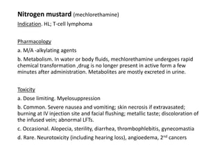 Nitrogen mustard (mechlorethamine)
Indication. HL; T-cell lymphoma
Pharmacology
a. M/A -alkylating agents
b. Metabolism. In water or body fluids, mechlorethamine undergoes rapid
chemical transformation ,drug is no longer present in active form a few
minutes after administration. Metabolites are mostly excreted in urine.
Toxicity
a. Dose limiting. Myelosuppression
b. Common. Severe nausea and vomiting; skin necrosis if extravasated;
burning at IV injection site and facial flushing; metallic taste; discoloration of
the infused vein; abnormal LFTs.
c. Occasional. Alopecia, sterility, diarrhea, thrombophlebitis, gynecomastia
d. Rare. Neurotoxicity (including hearing loss), angioedema, 2nd cancers
 