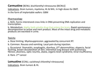 Carmustine [BCNU, bischlorethyl nitrosourea (BiCNU)]
Indications. Brain tumors, myeloma, HL & NHL. In high doses for BMT.
In the form of implantable wafers: GBM
Pharmacology
a. M/A. Forms interstrand cross-links in DNA preventing DNA replication and
transcription.
b. Metabolism. Highly lipid-soluble drug that enters the brain. Rapid spontaneous
decomposition to active and inert product. Most of the intact drug and metabolic
products are excreted in urine.
Toxicity
a. Dose limiting. Myelosuppression ,aggravated by concurrent RT.
b. Common. Nausea and vomiting. Local pain during injection.
c. Occasional. Stomatitis, esophagitis, diarrhea, LFT abnormalities; alopecia, facial
flushing, brown discoloration of skin; interstitial lung disease with pulmonary
fibrosis ,dizziness, optic neuritis, ataxia, organic brain syndrome; renal insufficiency
d. Rare. 2nd cancer
Lomustine [CCNU, cyclohexyl chlorethyl nitrosourea]
Indications. Brain tumors & HL
 