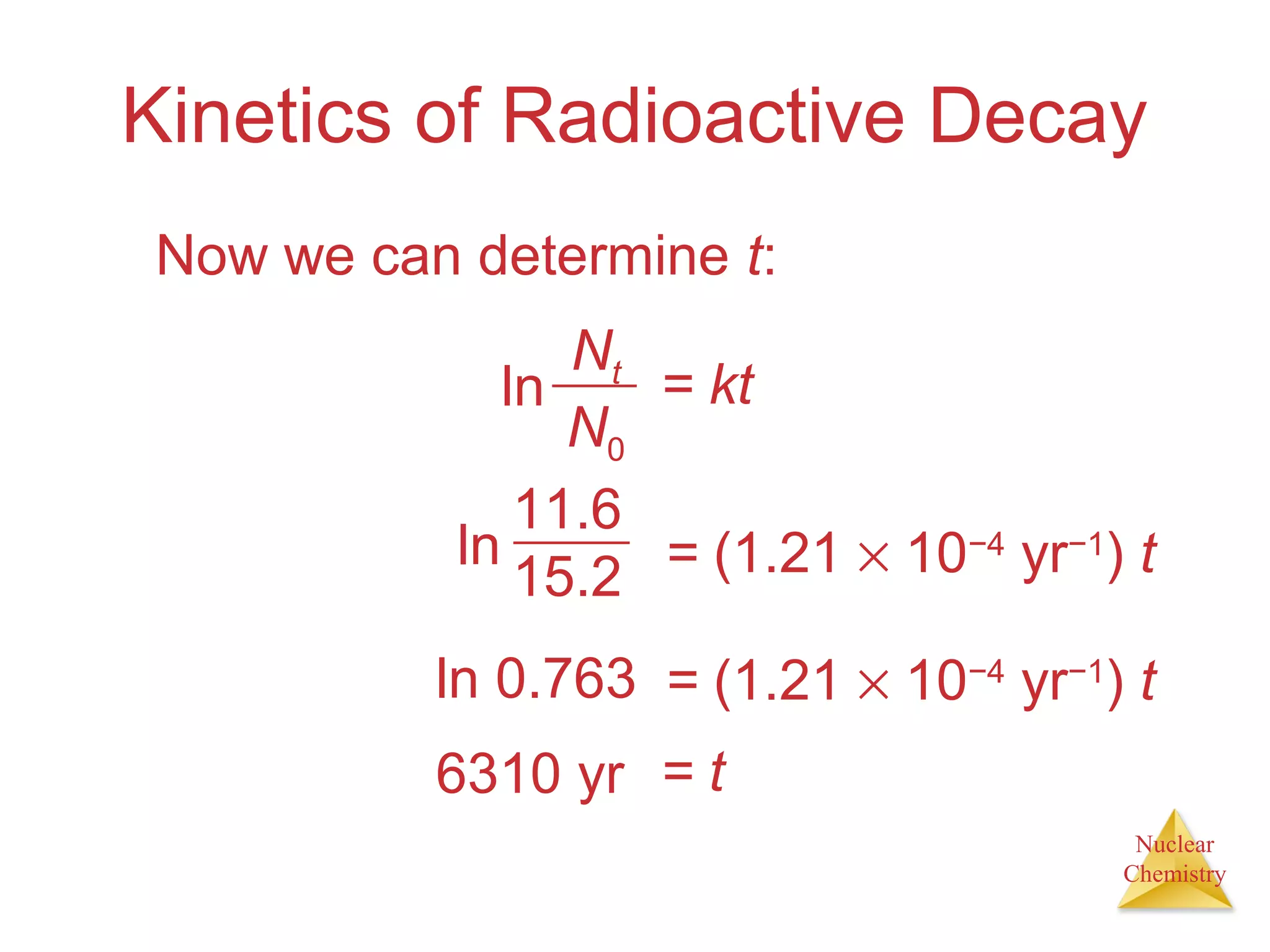 Nuclear
Chemistry
Kinetics of Radioactive Decay
Now we can determine t:
= kt
Nt
N0
ln
= (1.21 × 10−4
yr−1
) t
11.6
15.2
ln
= (1.21 × 10−4
yr−1
) tln 0.763
= t6310 yr
 