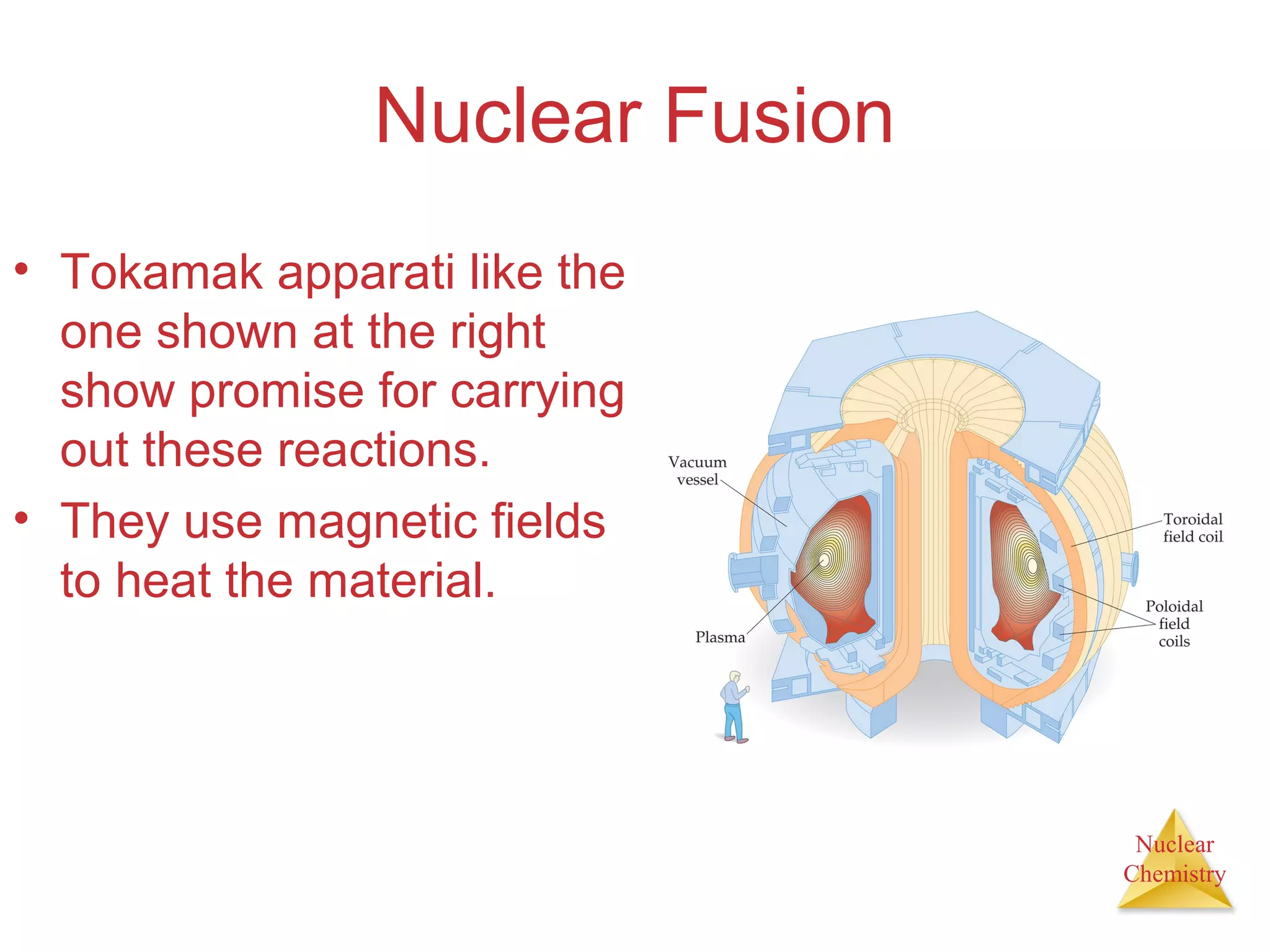 Nuclear
Chemistry
Nuclear Fusion
• Tokamak apparati like the
one shown at the right
show promise for carrying
out these reactions.
• They use magnetic fields
to heat the material.
 