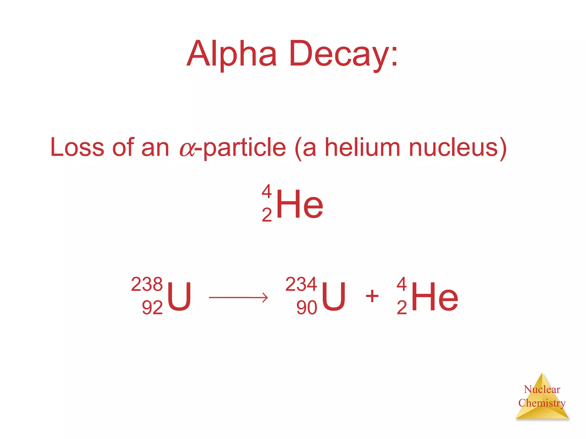 Nuclear
Chemistry
Alpha Decay:
Loss of an α-particle (a helium nucleus)
He
4
2
U
238
92
→ U
234
90 He
4
2+
 