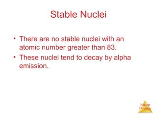 Nuclear
Chemistry
Stable Nuclei
• There are no stable nuclei with an
atomic number greater than 83.
• These nuclei tend to decay by alpha
emission.
 