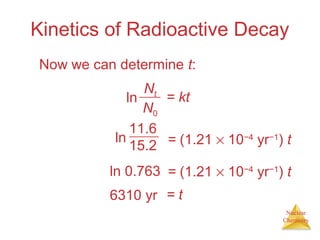 Nuclear
Chemistry
Kinetics of Radioactive Decay
Now we can determine t:
= kt
Nt
N0
ln
= (1.21 × 10−4
yr−1
) t
11.6
15.2
ln
= (1.21 × 10−4
yr−1
) tln 0.763
= t6310 yr
 