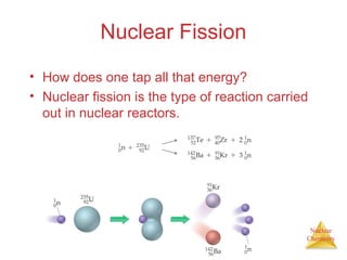 Nuclear
Chemistry
Nuclear Fission
• How does one tap all that energy?
• Nuclear fission is the type of reaction carried
out in nuclear reactors.
 