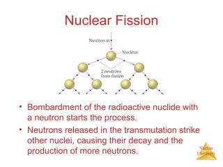 Nuclear
Chemistry
Nuclear Fission
• Bombardment of the radioactive nuclide with
a neutron starts the process.
• Neutrons released in the transmutation strike
other nuclei, causing their decay and the
production of more neutrons.
 