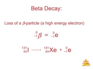 Nuclear
Chemistry
Beta Decay:
Loss of a β-particle (a high energy electron)
β
0
−1 e
0
−1
or
I
131
53 Xe
131
54
→ + e
0
−1
 