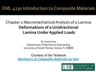 Chapter 2 MacromechanicalAnalysis of a Lamina
Deformations of a Unidirectional
Lamina Under Applied Loads
Dr. Autar Kaw
Department of Mechanical Engineering
University of South Florida,Tampa, FL 33620
Courtesy of the Textbook
Mechanics of Composite Materials by Kaw
 