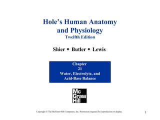 Hole’s Human Anatomy
and Physiology
Twelfth Edition

Shier  Butler  Lewis
Chapter
21
Water, Electrolyte, and
Acid-Base Balance

Copyright © The McGraw-Hill Companies, Inc. Permission required for reproduction or display.

1

 
