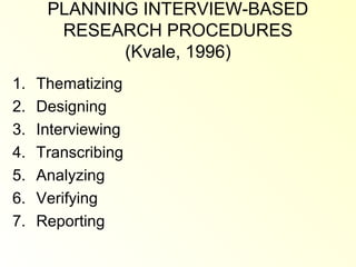 PLANNING INTERVIEW-BASED
       RESEARCH PROCEDURES
             (Kvale, 1996)
1.   Thematizing
2.   Designing
3.   Interviewing
4.   Transcribing
5.   Analyzing
6.   Verifying
7.   Reporting
 